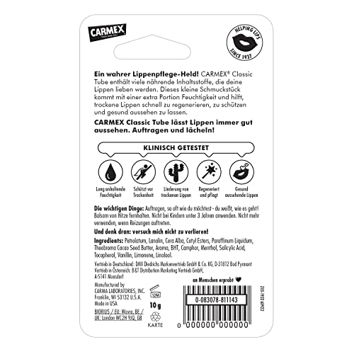 Carmex Baume à lèvres pour lèvres sèches avec Vaseline, Vitamine E et Cire d'abeille - 12 x 10 g
