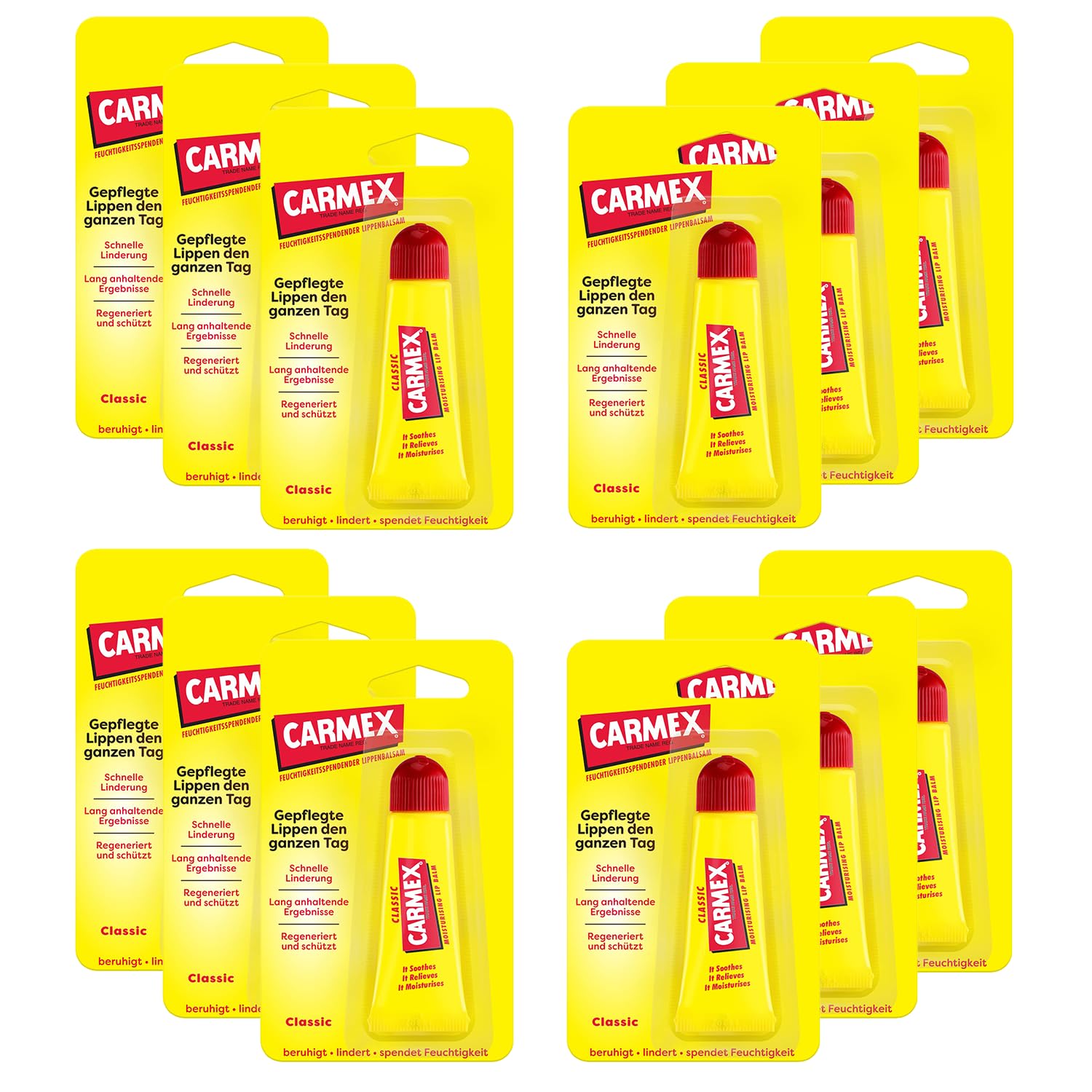 Carmex Baume à lèvres pour lèvres sèches avec Vaseline, Vitamine E et Cire d'abeille - 12 x 10 g